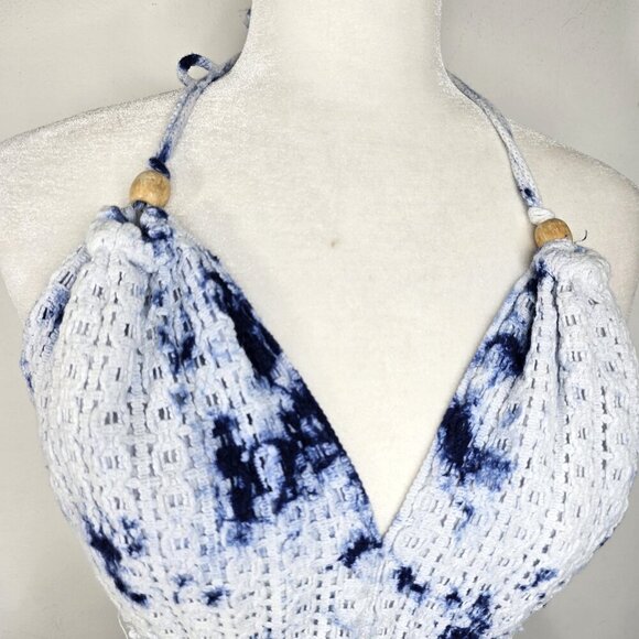 BLANCO Blue White Crochet Halter Tie Beachy Open Back Mini Dress - Picture 3 of 8